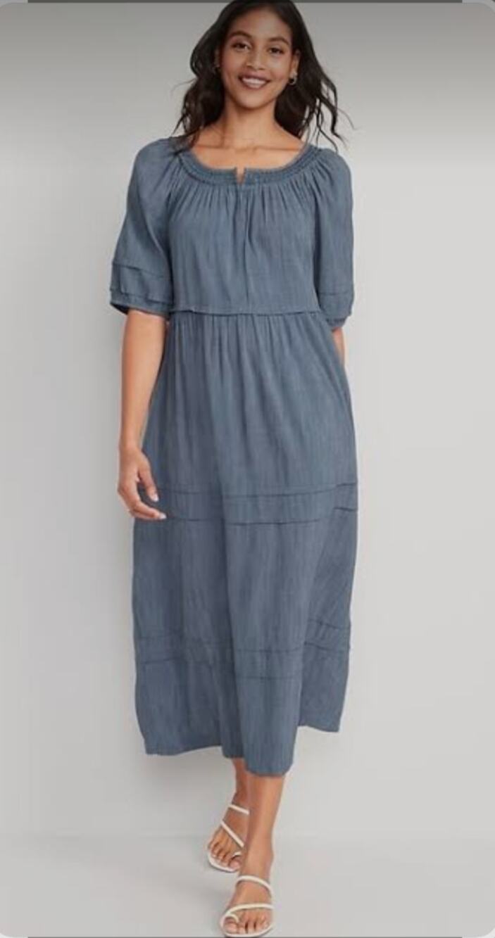 Old Navy Puff-Sleeve Chambray Smocked Midi Swing Dress Blue Size M Cotton Blend